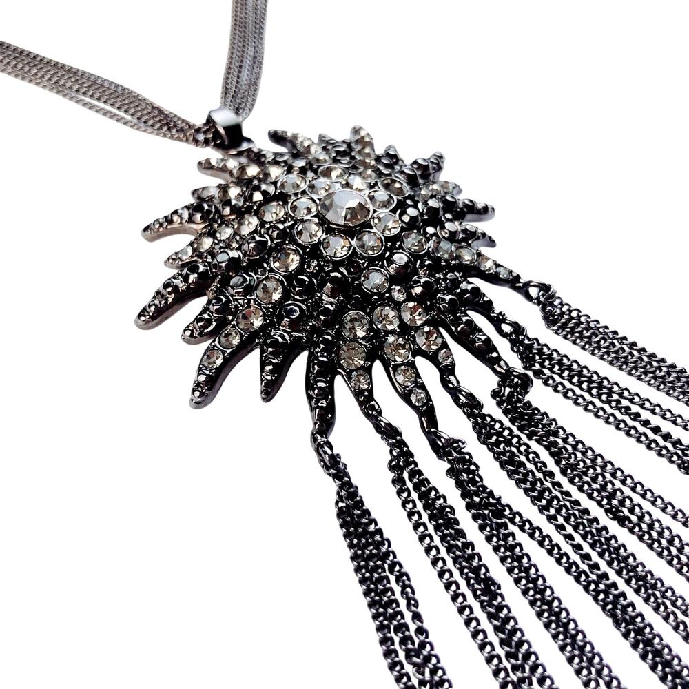 Rhinestone Sunburst Statement Necklace and Chain Fringe Gunmetal Jewelry